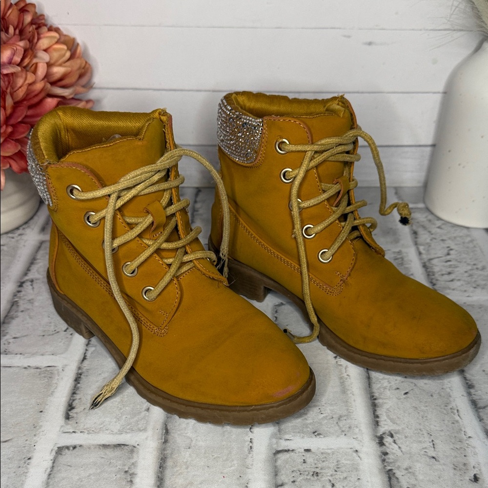 MIA Mustard Lace Up Boots with Glitter Detail
